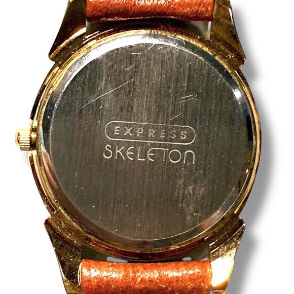 VTG Express Watch Mens Gold Tone Quartz Skeleton Dial Brown Leather Strap RUNS main image 6